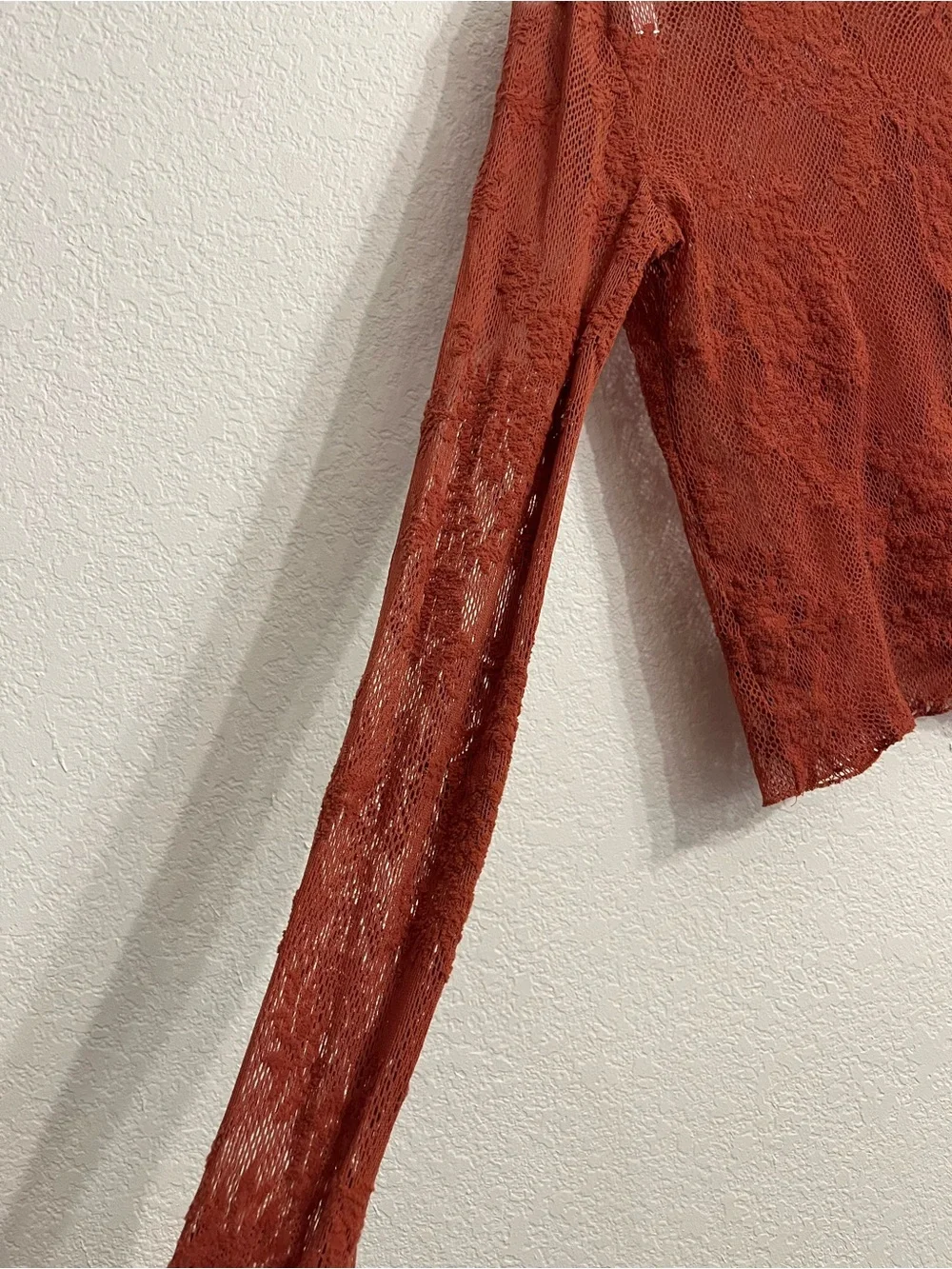 Free People Sheer Lace Mock Neck Long Sleeve layering Top - Rust Orange